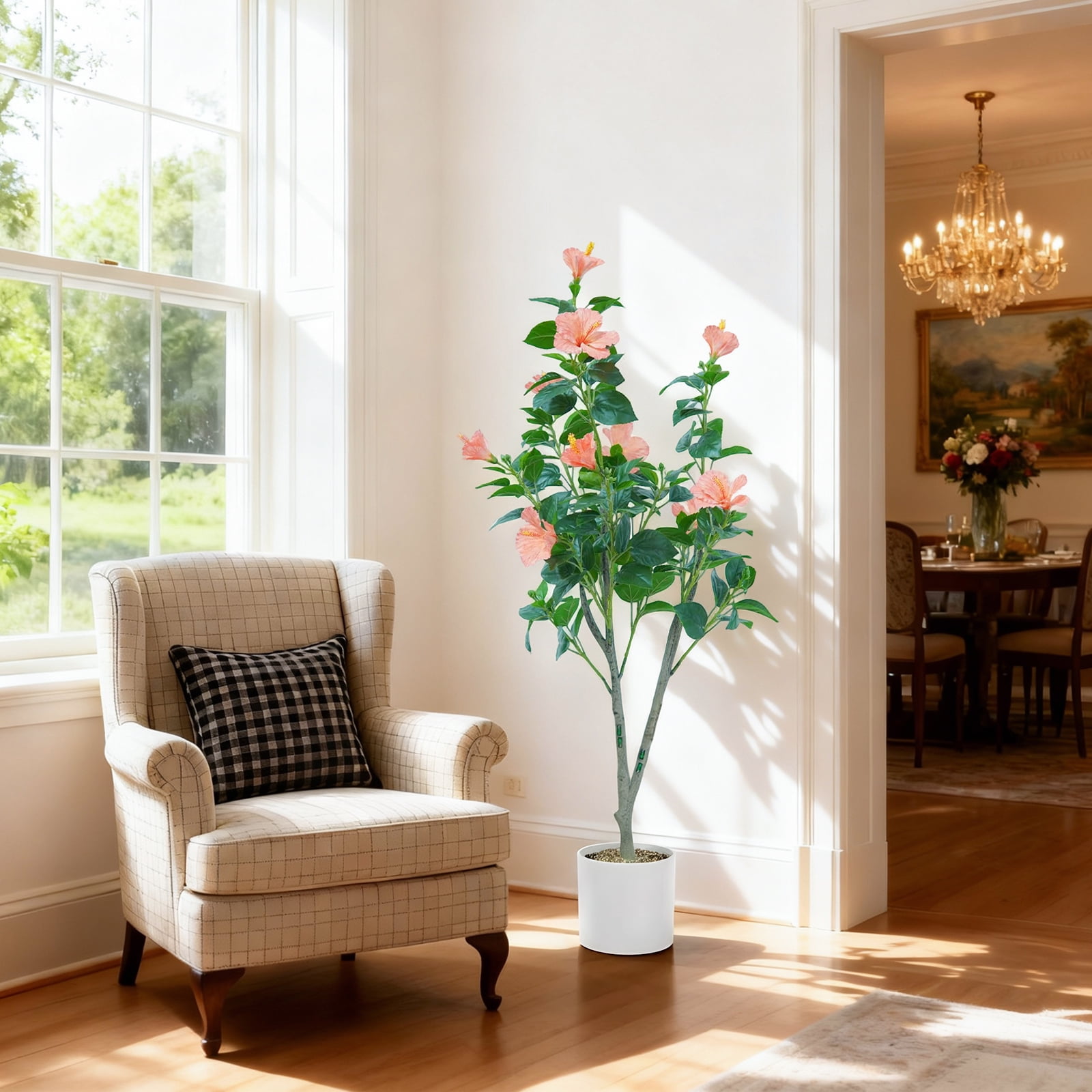 4FT Artificial Hibiscuses Tree, Faux Potted Flower Plant with Realistic Flowers, Fake Flower Tree For Garden Office Party Wedding Hotel