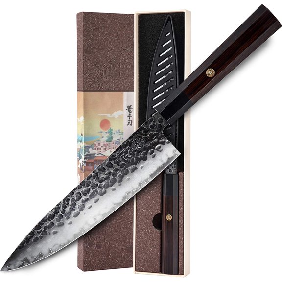 KONOLL 8 Inch Chef Knife 3 layer 9CR18MOV clad steel Forged Handmade, Ebonywood handle Gyuto kitchen Knife