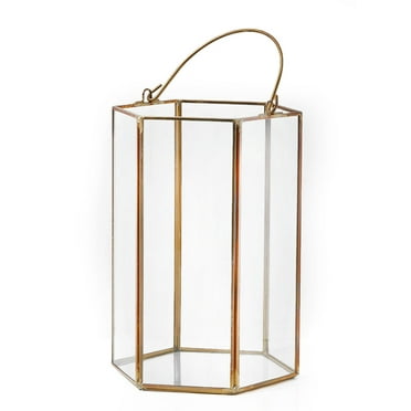 Serene Spaces Living Clear Glass Hexagon Lantern with Gol