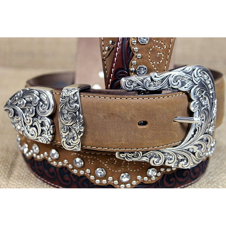 Tony Lama Women S Kaitlyn Crystal Leather Western Belt Brown 32