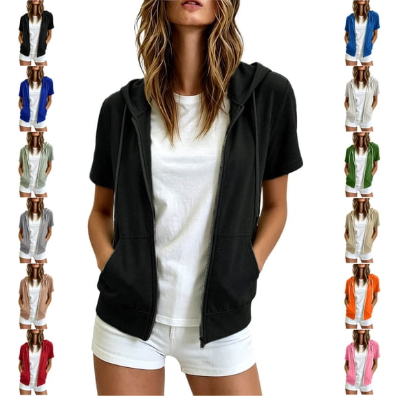 TGSLY Women's Short Sleeve Sweatshirt Lightweight Thin Zip Up Solid Color Hoodies Relaxed Casual Adjustable Drawstring Hooded Jacket with Pockets S