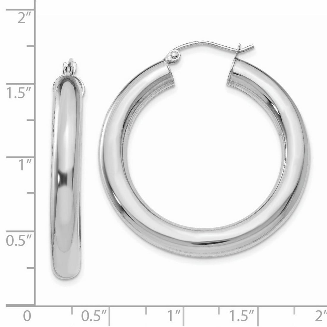 14k White Gold Hollow Polished 5mm Lightweight Hoop Earrings 35mm long 5mm Thick Hoop Earring for Women