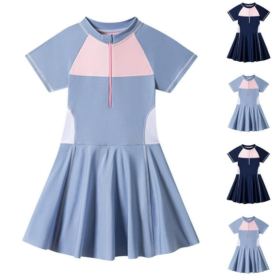 Cethrio Kids Girls One Piece Swimsuits, Quick Dry Zipper Short Sleeve Bathing Suits Blue Size 4 T