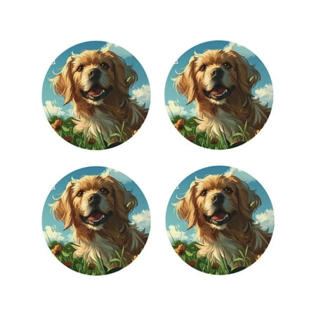

Kdxio Happy Dog In Flower Field Funny Coasters 4 Pcs Leather Coasters Housewarming Gifts Protect Furniture from Water Marks Scratch and Damage