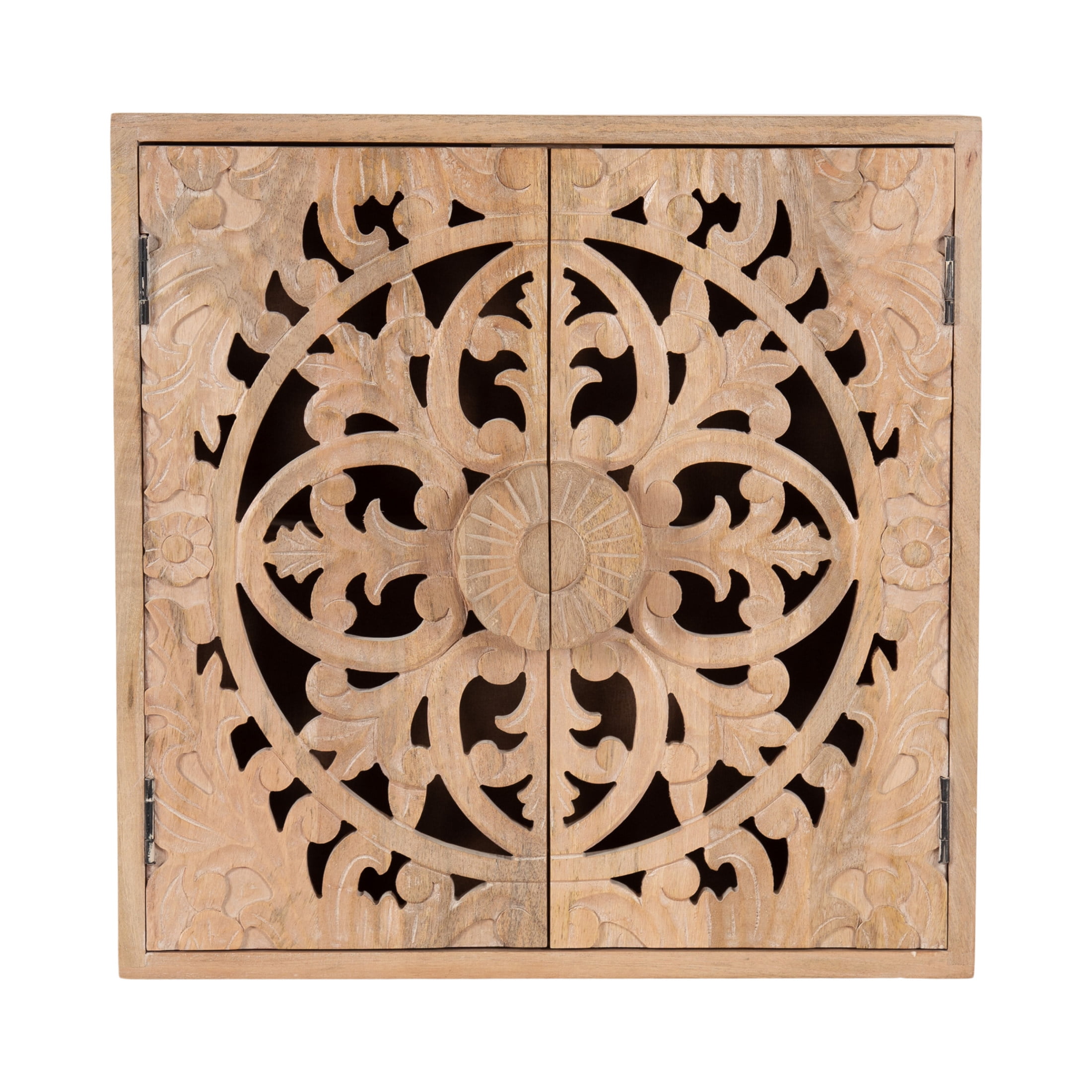 Kate and Laurel Saanvi Traditional Carved Wood Wall Cabinet, 20 x 6 x 20, Light Natural, Dimensional Over the Toilet Storage Cabinet for Bathroom Storage and Display
