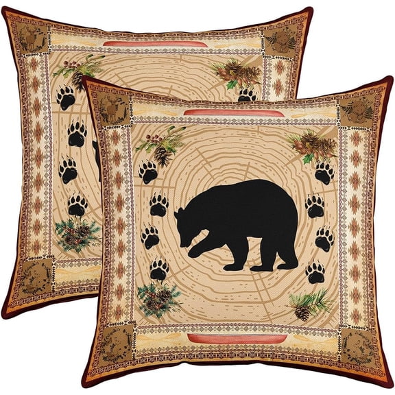 Ryan; Black Bear Pillow Covers 18x18 Inch Set of 2 Rustic Cabin Throw Pillow Covers Tribal Wildlife Decorative Pillow Covers Western Bear Paw Print Cushion Cases Exotic Nordic Style Room Decor