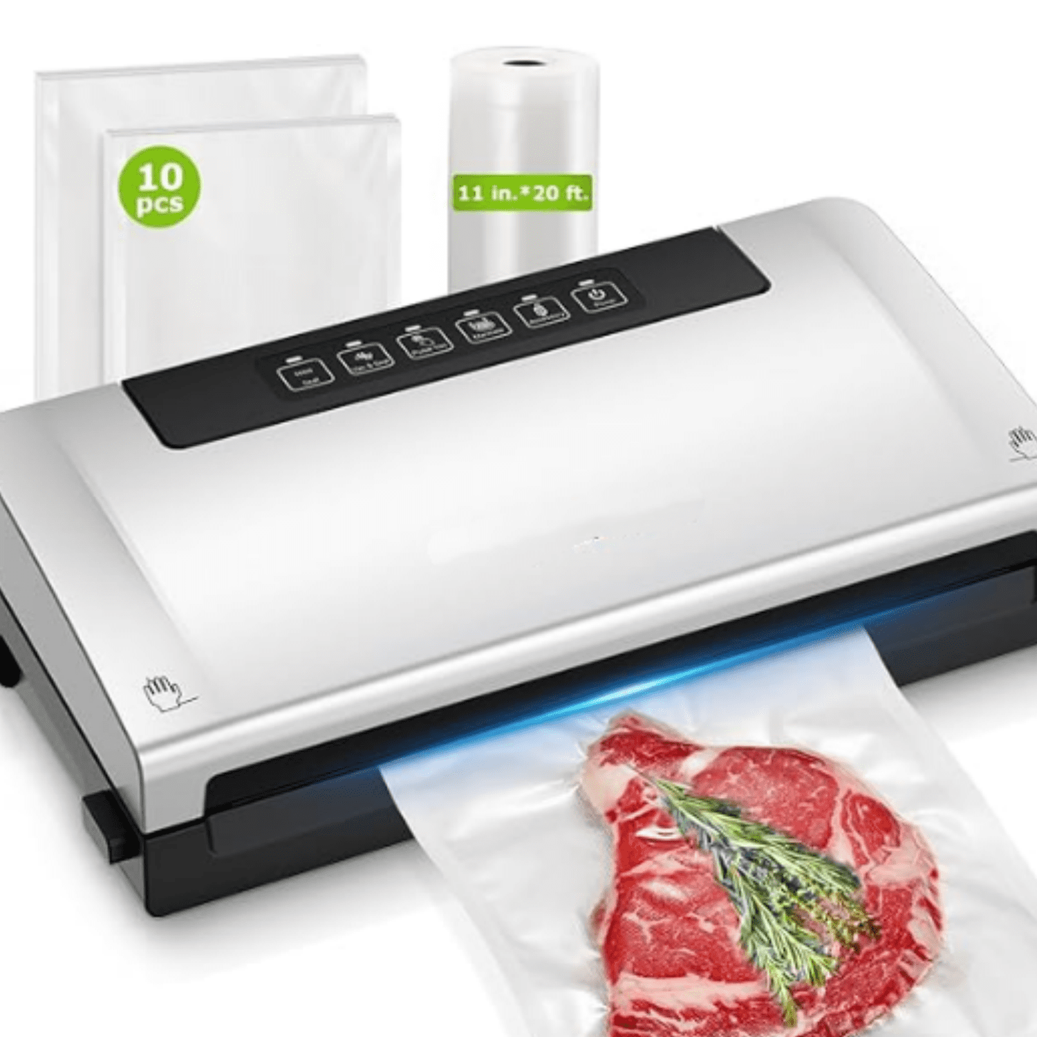 Food Vacuum Sealer Machine with External Vac Function, Built-in Cutter & Bag Storage, 5 Modes for Various Food Types, Includes 10 Bags & 1 Roll (Silver)