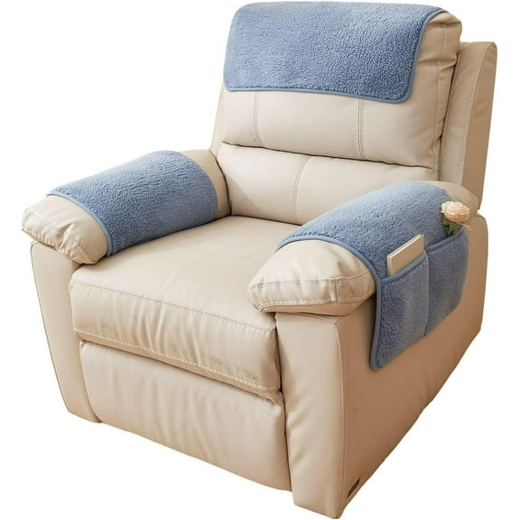 3 Pieces Sherpa Fleece Sofa Armrest Cover with Storage Pockets Non Slip Headrest Cover for Recliner Chair Fuzzy Couch Cover for Dogs Washable Furniture Protector