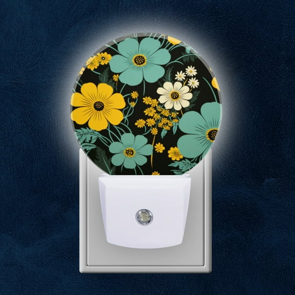 Night Light Plug into Wall,Dusk to Dawn Sensor Auto-On/Off for Bathroom, Hallway,Kids Room-Retro Teal And Yellow Flowers On Black Background