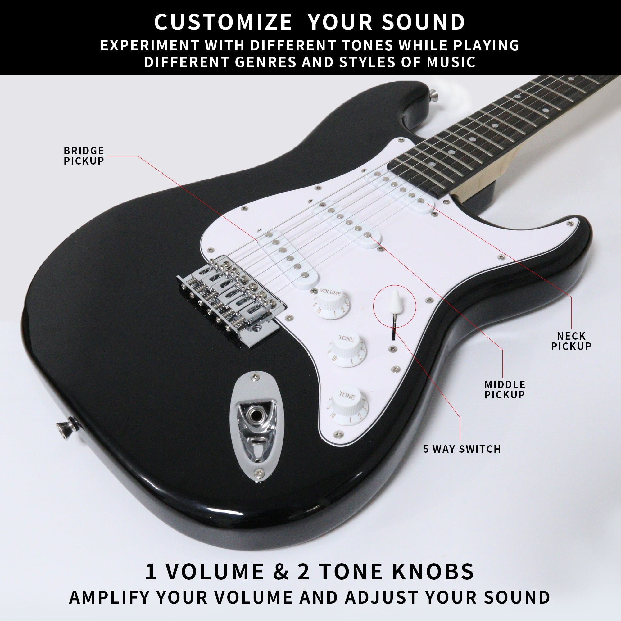 Likegreen Adjustable Bridge Electric Guitars with Bag & Tuner, Black