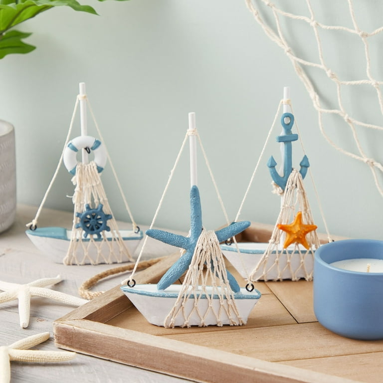 Set of 4 Mini Wooden Sailboat Models for Beach Nautical Home Decor,  Miniature Boat Decorations 