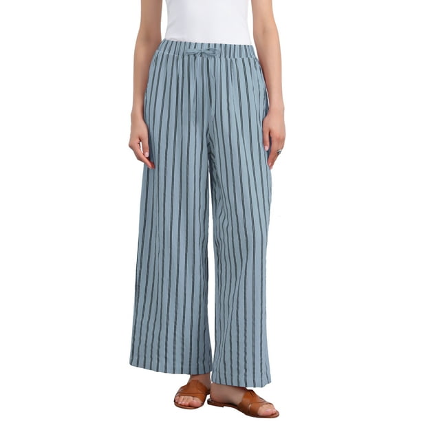 Pantalones de rayas de tiro alto y pierna ancha para mujer INSPIRE CHIC, con cordón, casuales, de algodón, sueltos, talla XS, color azul