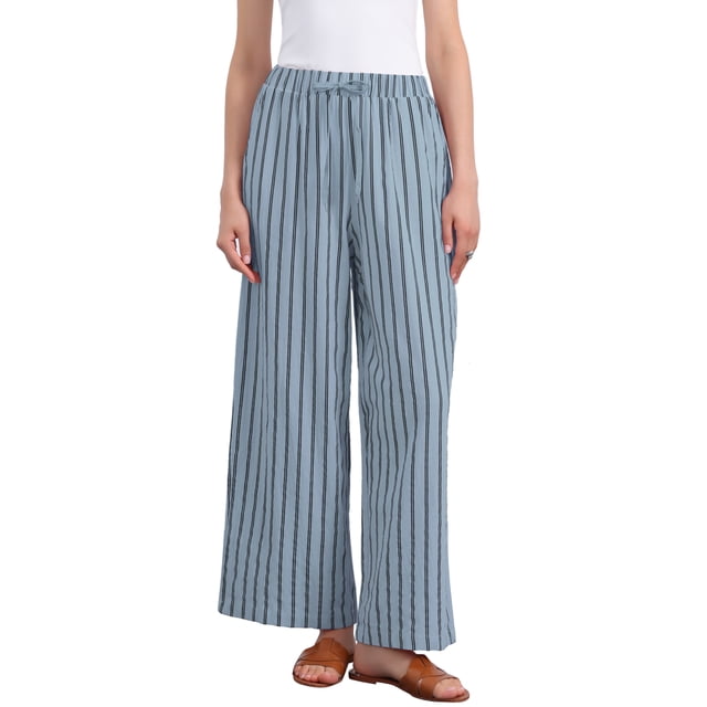Pantalones de rayas de tiro alto y pierna ancha para mujer INSPIRE CHIC, con cordón, casuales, de algodón, sueltos, talla XS, color azul