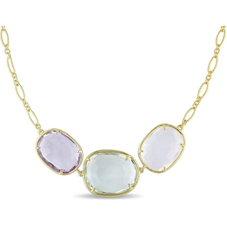 Tangelo 24-7/8 Carat T.G.W. Green and Rose Quartz with Amethyst Yellow Rhodium-Plated Sterling Silver Three-Stone Link Necklace, 20