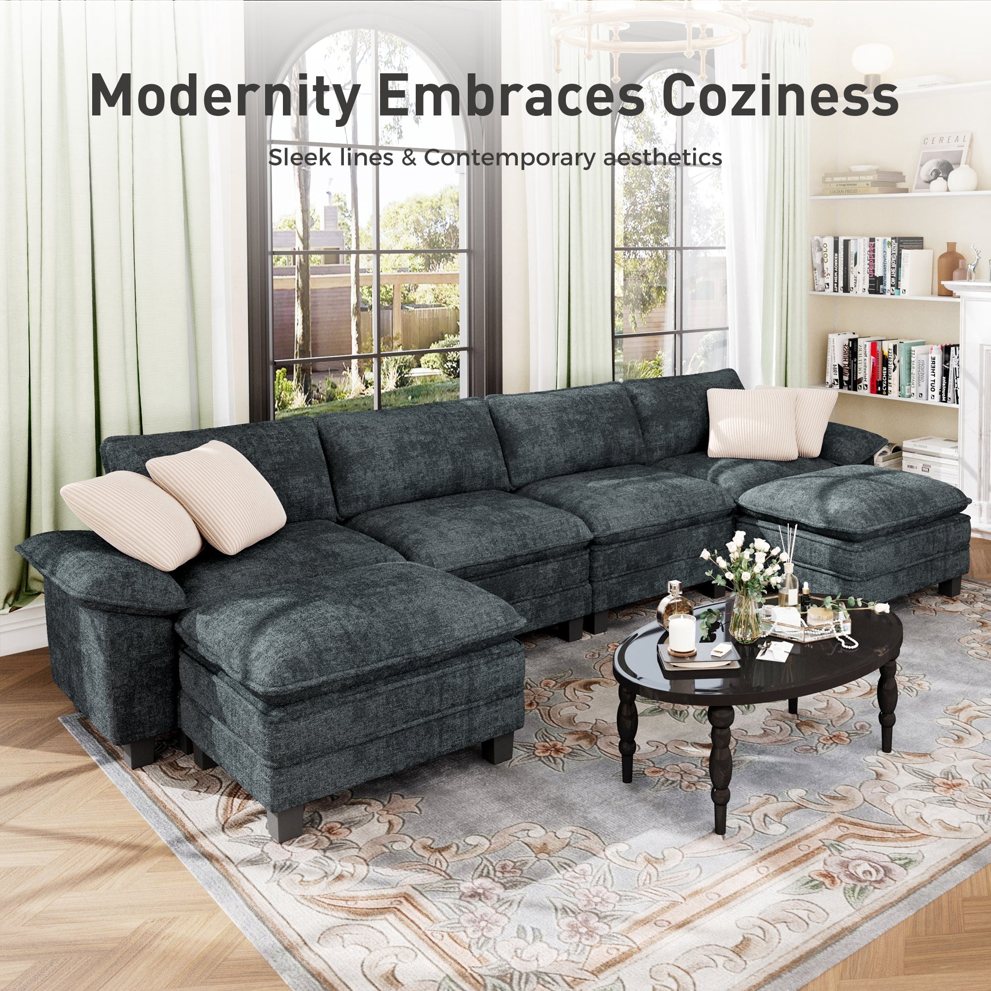 Sophia&William 157.5"L Modular Sectional Sofa Sets, Modern Chenille Cloud Couch Sofa Oversized 6-Seat Sofa & 4 Pillows & 2 Ottomans for Living Room,Blue