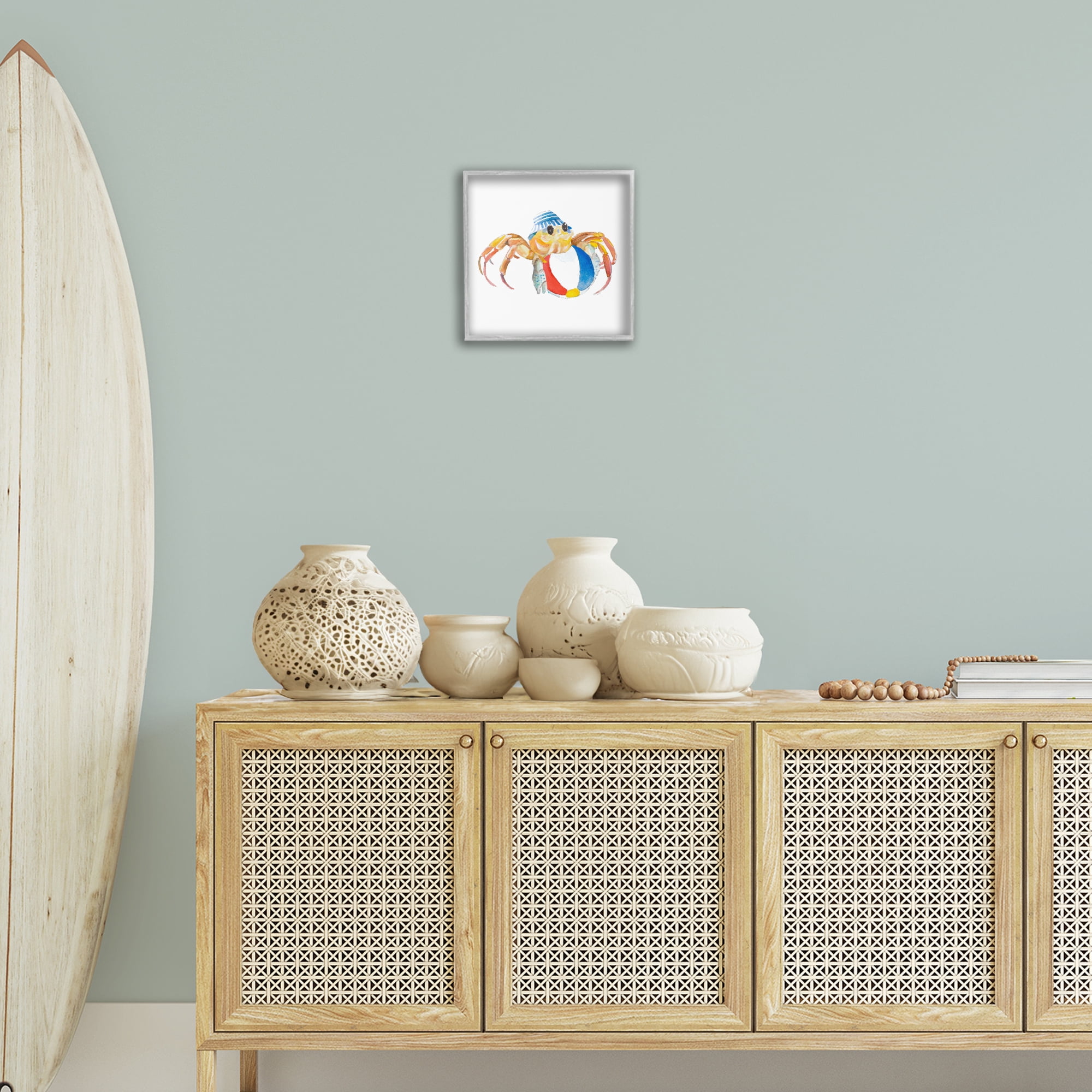 Stupell Industries Beach Ball Crab Novelty Painting Gray Framed Art Print Wall Art, 12 x 12