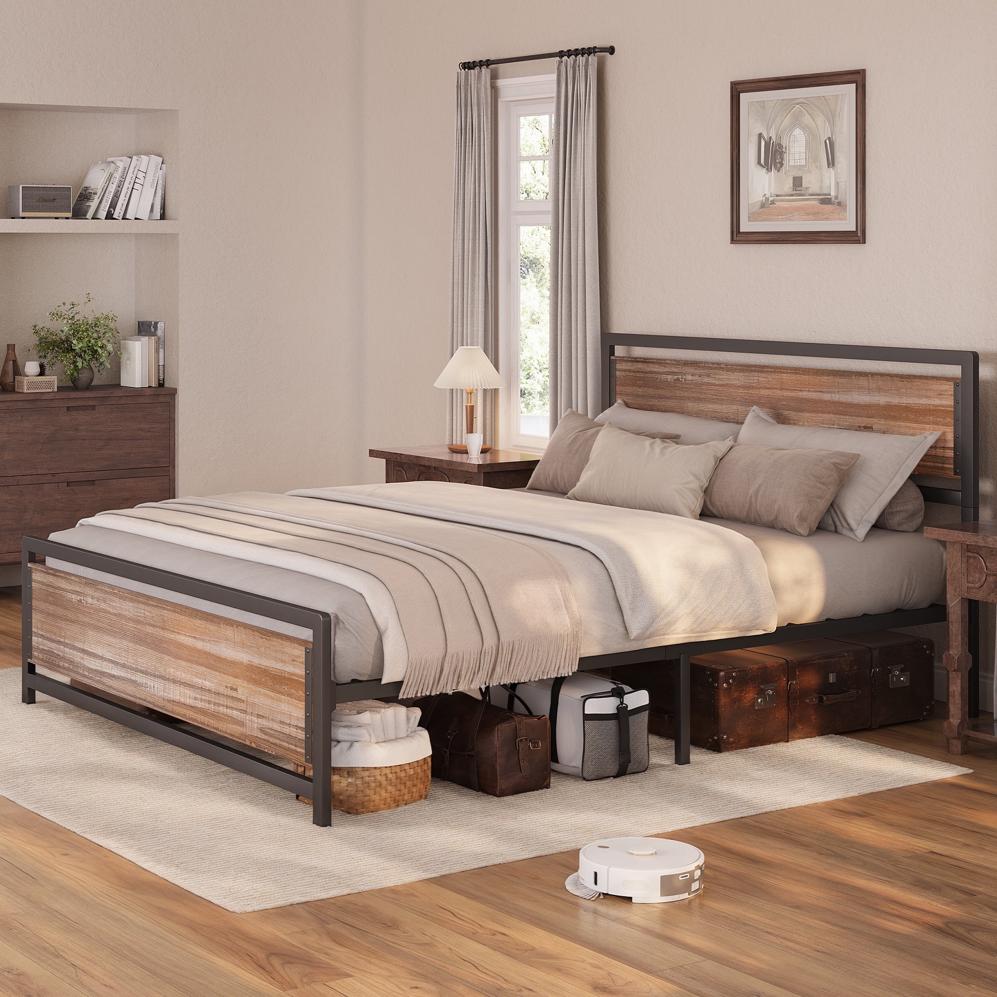 Asofer Queen Bed Frame with with Rustic Vintage Wood Headboard and Footboard, No Box Spring Needed, Wood Color