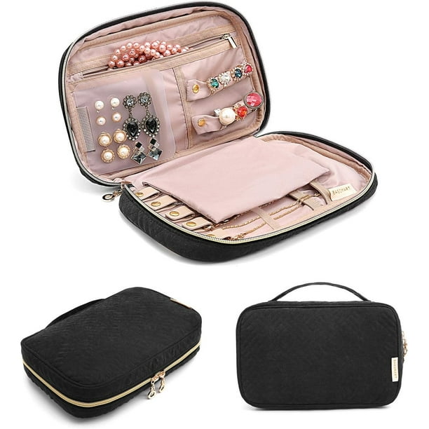 Bolsa organizadora de joyas, estuches de almacenamiento de joyas de viaje para collares, pendientes, anillos, pulseras, bolsa de almacenamiento de joyas negra