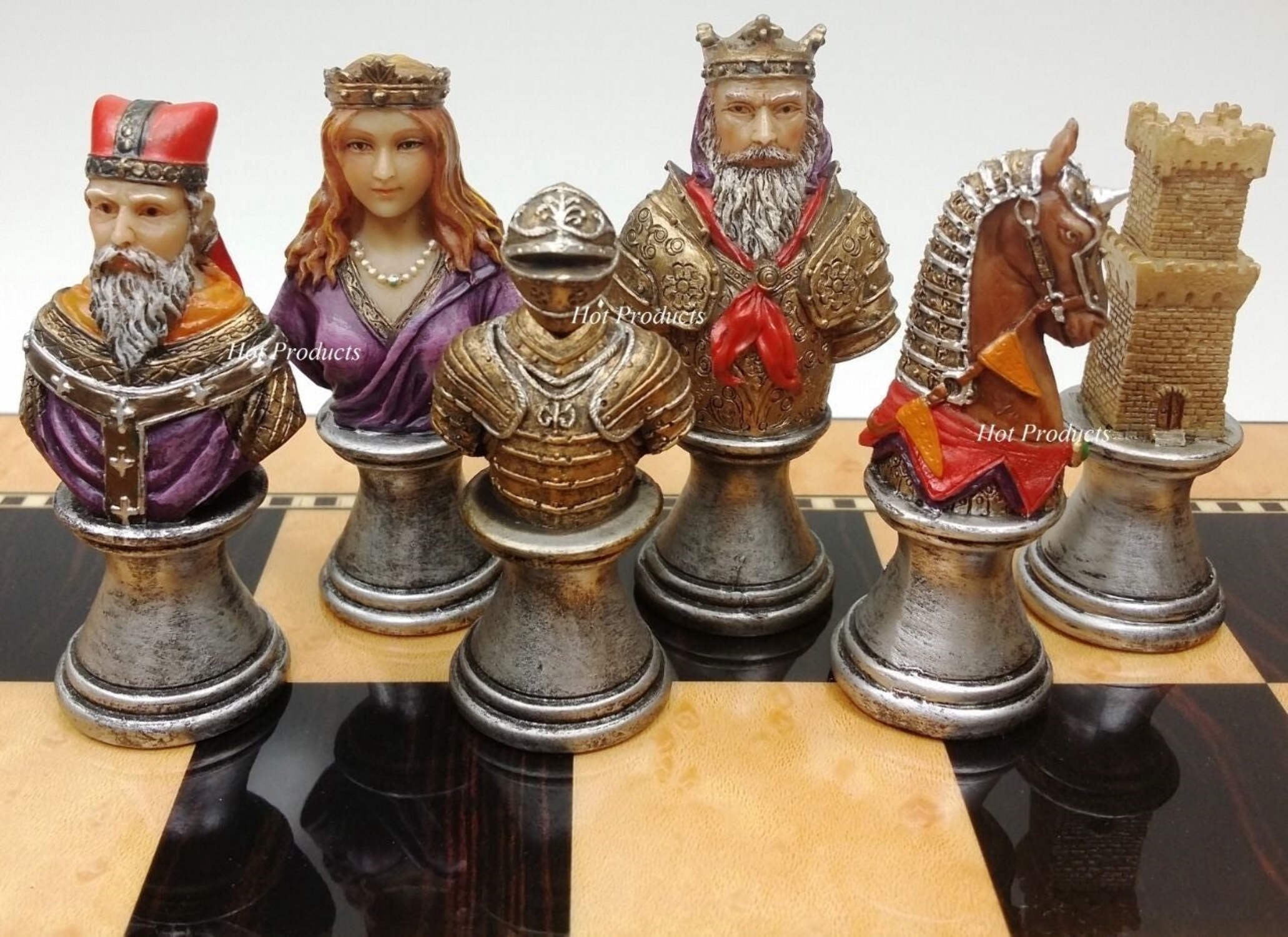 Medieval Times Crusades Busts PAINTED Chess Set 15" Walnut  Maple Color Board