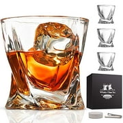 Whiskey Glass Set of 4 - Lead-Free Crystal Clear Scotch Glasses 10 oz Glassware with Luxury Gift Box & 4 Drink Coasters & 1 Ice Tong for Drinking Bourbon Malt Cognac Irish Whisky
