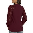 thumbnail image 4 of SHOWMALL Women's Trendy Waffle Knit Blouse Puff Long Sleeve Hollow-Out Lace Tops Casual Loose T Shirts, US Size Medium, Wine Red, 4 of 8