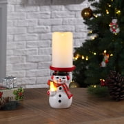Mr. Christmas 6-Inch Ceramic Lit Snowman Candle Holder and Flameless Candle, Traditional, Timer Operated