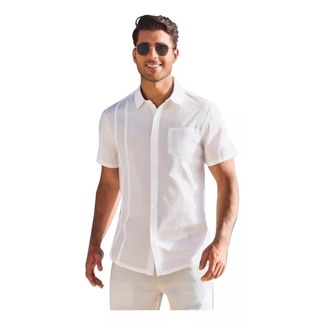 Camisa Casual Playa Guayabera Lino Manga Corta Para Hombre