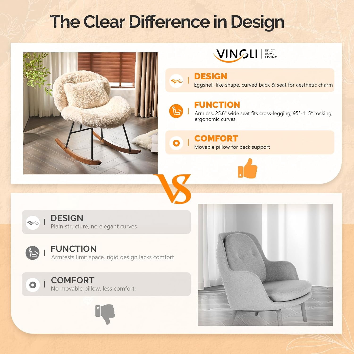 CHTER 25.6" Extra Wide Criss Cross Nursery Rocking Chair,Cute Curved 115° Reclining Armless Glider,Plush Small Rocker w/Pillow & Solid Wood for Indoor,Bedroom, Living Room,Fluffy Fleece,Sandy Beige