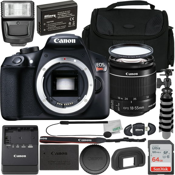 Canon EOS Rebel T7 DSLR Camera with EF-S 18-55mm f/3.5-5.6 IS II Lens & Starter Accessory Bundle: SanDisk Ultra 64GB SDXC, Digital Flash, Extended Life Replacement Battery, Water Resistant Gadget Bag