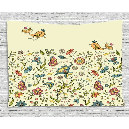Butterfly Meadow Leaf - Flowers Tapestry, Flourishing Spring Meadow Ornate Artistic Nature Romantic Birds Butterflies Leaves, Wall Hanging for Bedroom Living Room Dorm Decor, 60W X 40L Inches, Multicolor, by Ambesonne