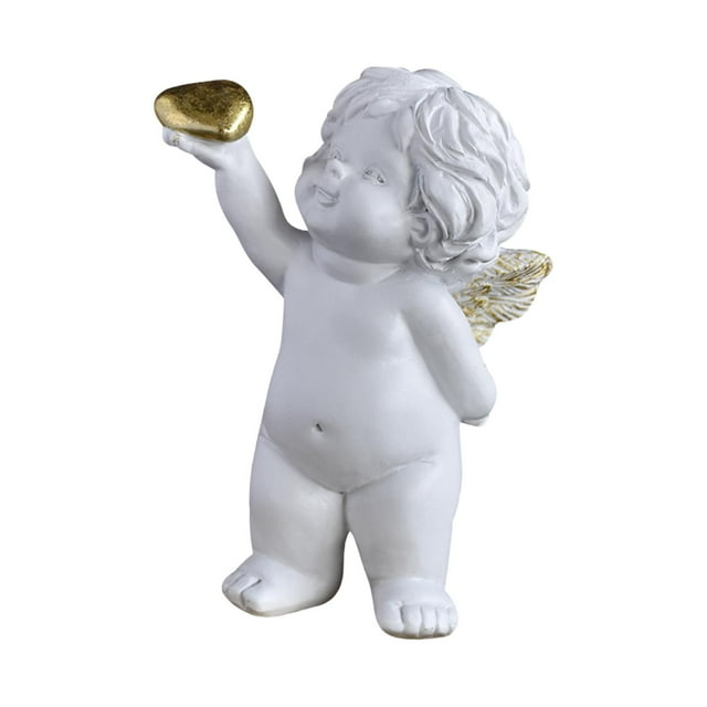 estatua de ángel bebé, decoración de pequeño ángel con alas, colección de resina, escultura moderna de querubín blanco, figura de cupido para jardín estilo d estatua de resina blanca de 9,5 × 7 × 13 cm en vista frontal 3/4; querubín de pie con cabello rizado esculpido, sostiene un corazón dorado en la mano derecha y muestra alas con acentos dorados; superficie mate lisa; ideal para estantería, escritorio o jardín y como regalo decorativo.