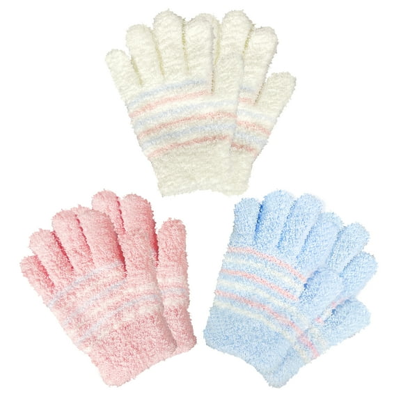 EvridWear Kids Warm Winter Gloves, Full Fingers, Fluffy Stripe Mitten for Little Boys & Girls, 3 Pairs, Pink Blue White, S/4-6Years