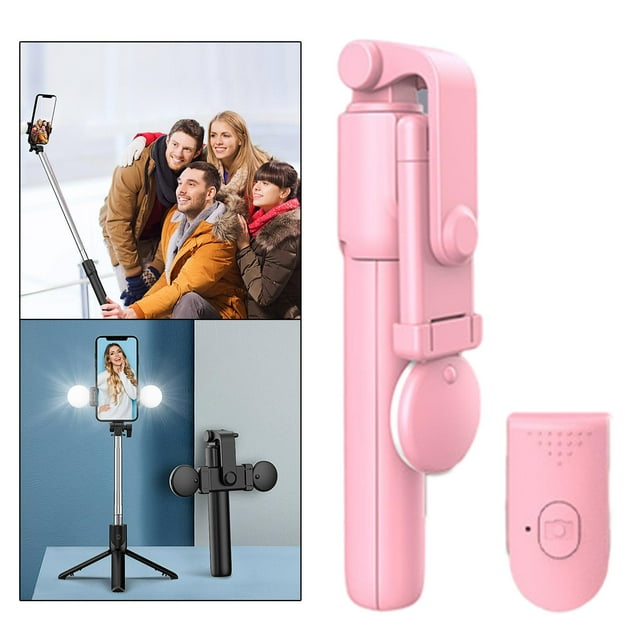 Selfie Stick Tripod with Fill Light Lightweight Adjustable Extendable with Remote for Phe Holder Pink, 185x40x47mm