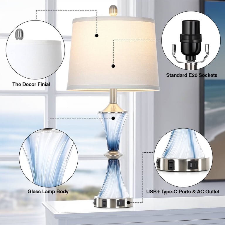 Cinkeda 27-Inch Blue Gradient Glass Table Lamp Set of 2 with USB Ports photo 6