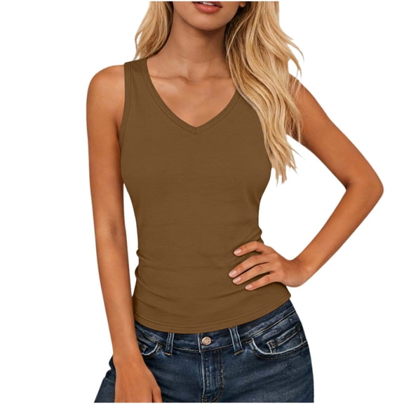 Husipze Women's Tank Top Sleeveless Casual V Neck Fitted Basic Top Soft Stretch Athletic Slim Fit Gym Yoga Tops Brown L
