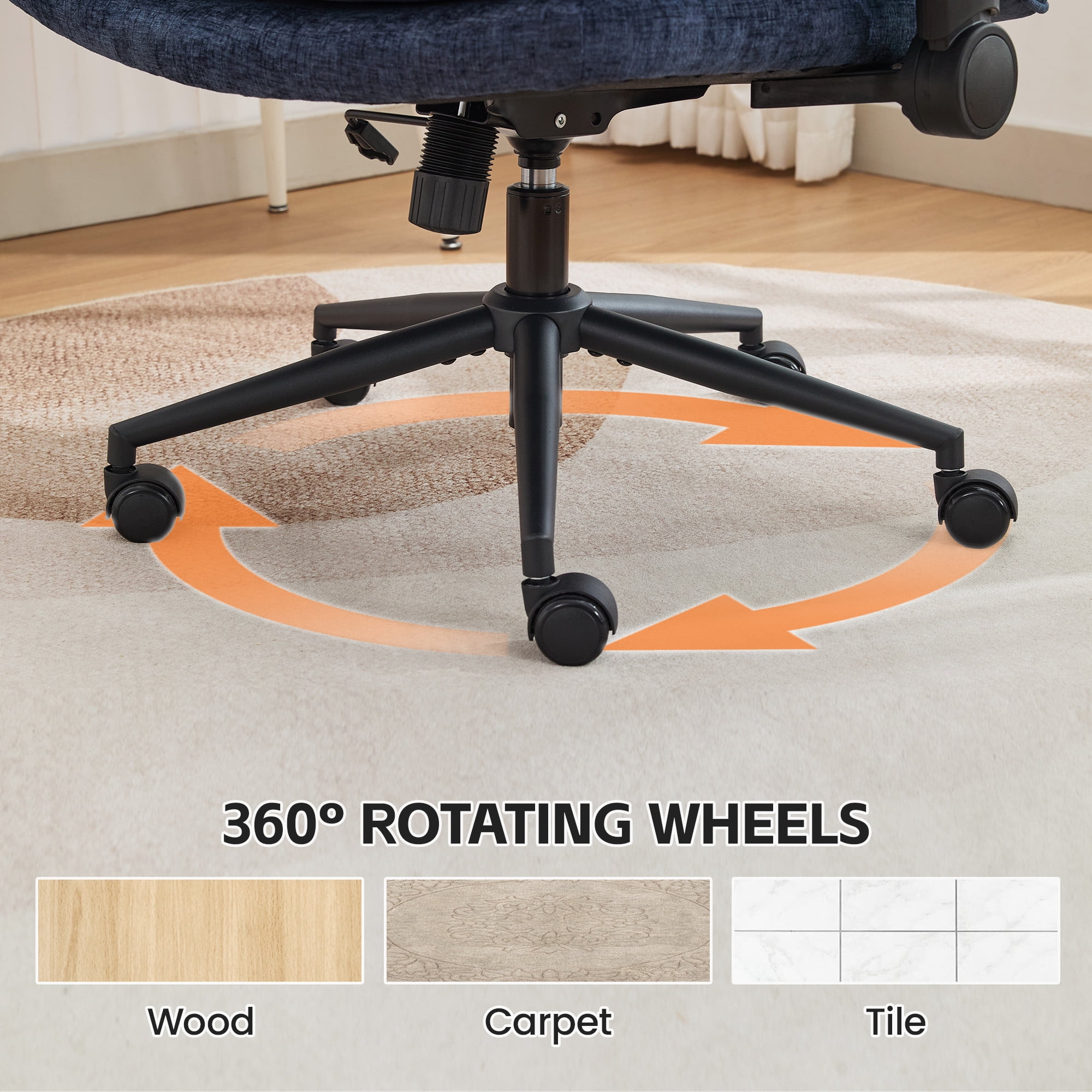 DOMICARE Criss Cross Chair with Flip-Up Arms, Wide Cross-Legged Office Chair with Wheels, Swivel Vanity Desk Chair, Blue Chenille