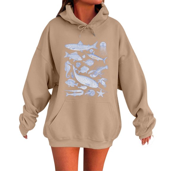 XIAONU Hoodies For Women Letter Print Drop Shoulder Hoodie Baggy Long Sleeve Oversized Drawstring Sweatshirt With Pockets