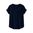 thumbnail image 4 of LNWUY Women Cotton Linen Tops Loose Crewneck Rolled Up Short Sleeve Shirt with Chest Pocket Summer Lightweight Tees Blue S, 4 of 4