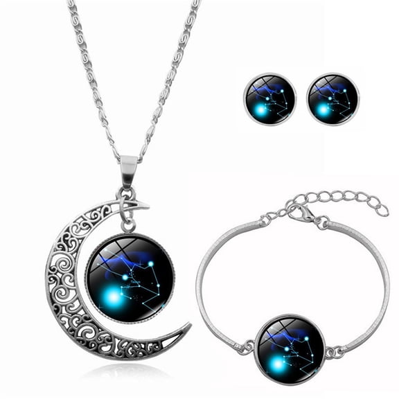 Meitianfacai 12 Constellation Crescent Moon Necklace, Earrings, Bracelet Gift Set, Astrology Chain Necklace Pendant Jewelry Set Gift for Women Mom Wife Birthday Valentine's Day