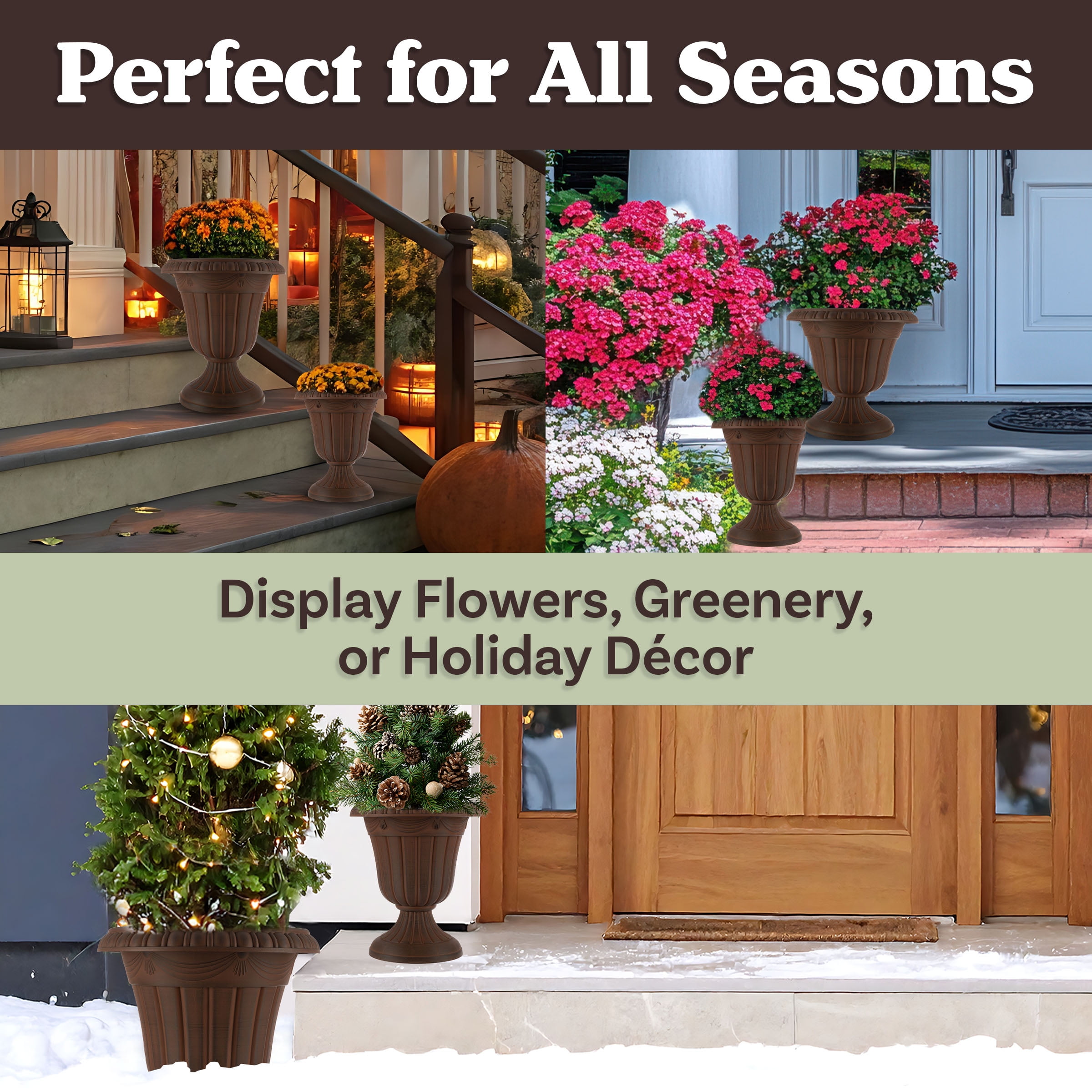 Pure Garden Large and Small Outdoor Urn Planter 2-Pack, Brown