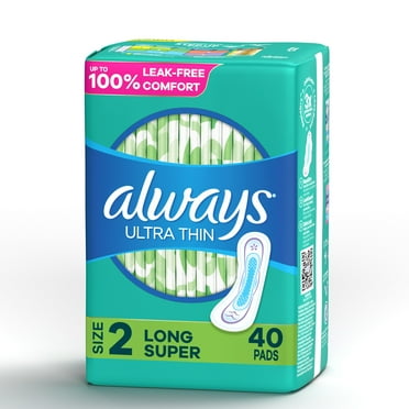 Always Ultra Thin Pads Without Wings, Size 2, Long Super Absorbency, 40 CT