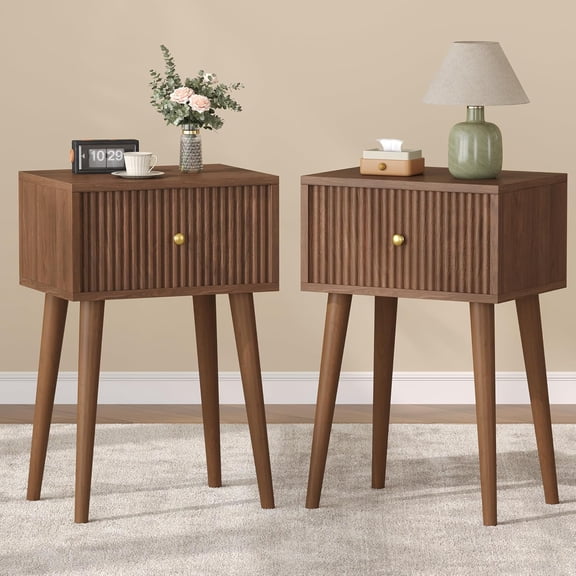 2 Fluted Wooden Nightstands with Wood Legs, Small Side Tables for Bedroom, Walnut