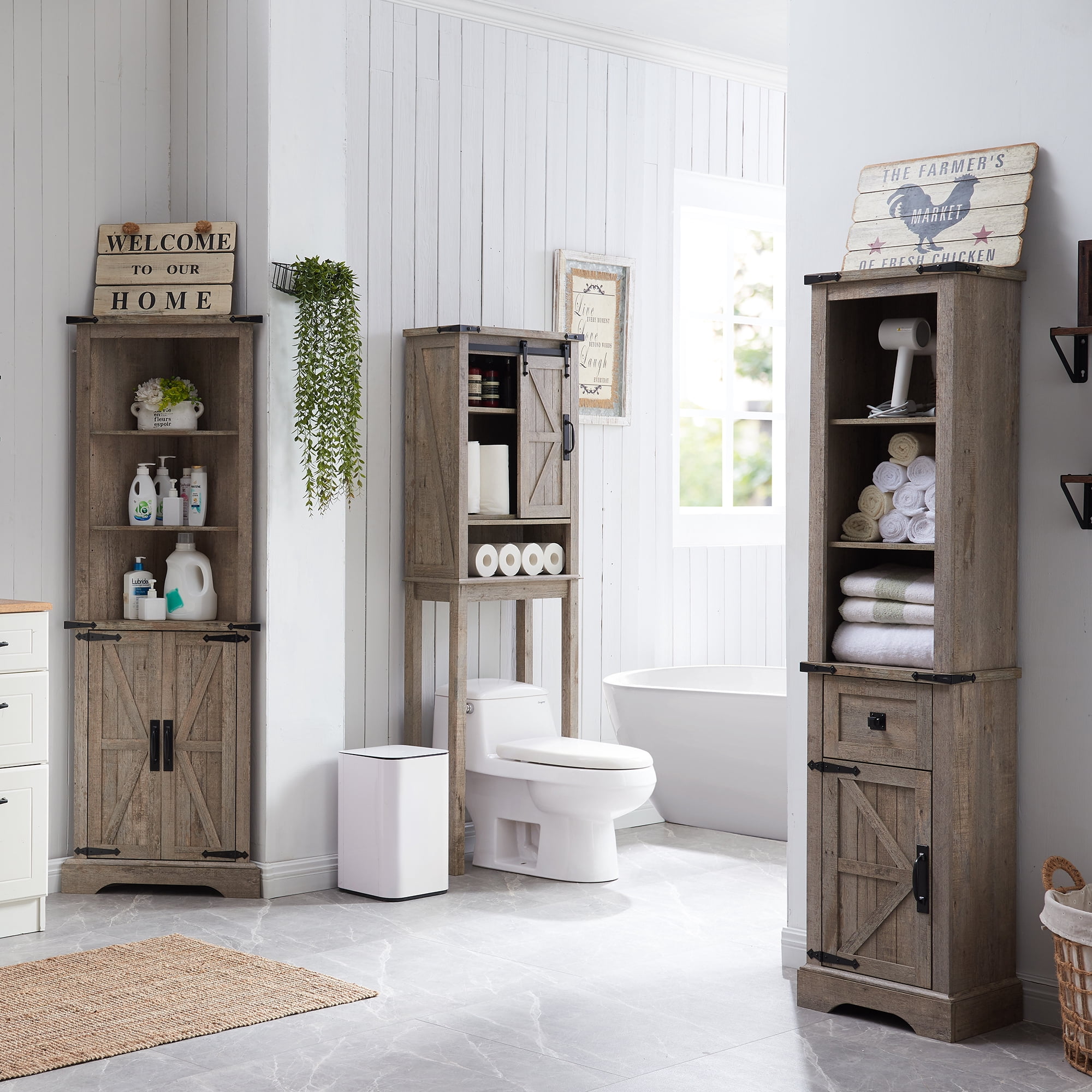 OKD Freestanding Bathroom Storage Cabinet, Farmhouse 69" Tall Narrow Cabinet with Adjustable Shelves and Metal Handle, Light Rustic Oak