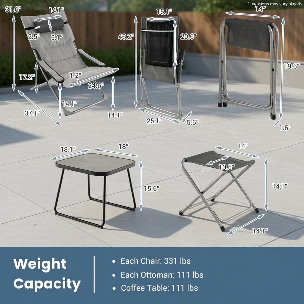 Hommoo 5-Piece Folding Patio Sling Chair Set with Footrests, Coffee Table & Headrest Pillows, Outdoor Lounge Seating for Deck, Poolside & Garden, Gray