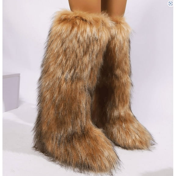 Women's Knee-High Winter Boots with Plush Faux Fur Top, Round-Toe Flat Design for Ultimate Warmth, Indoor & Outdoor Comfort