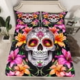 thumbnail image 2 of Feelyou Damask Skeleton Twin Sheet Sets, Pink Flower Floral Twin Fitted Sheet, Happy Halloween Flat Sheet, Luxury Bedroom Decor,3 Pieces, 2 of 7