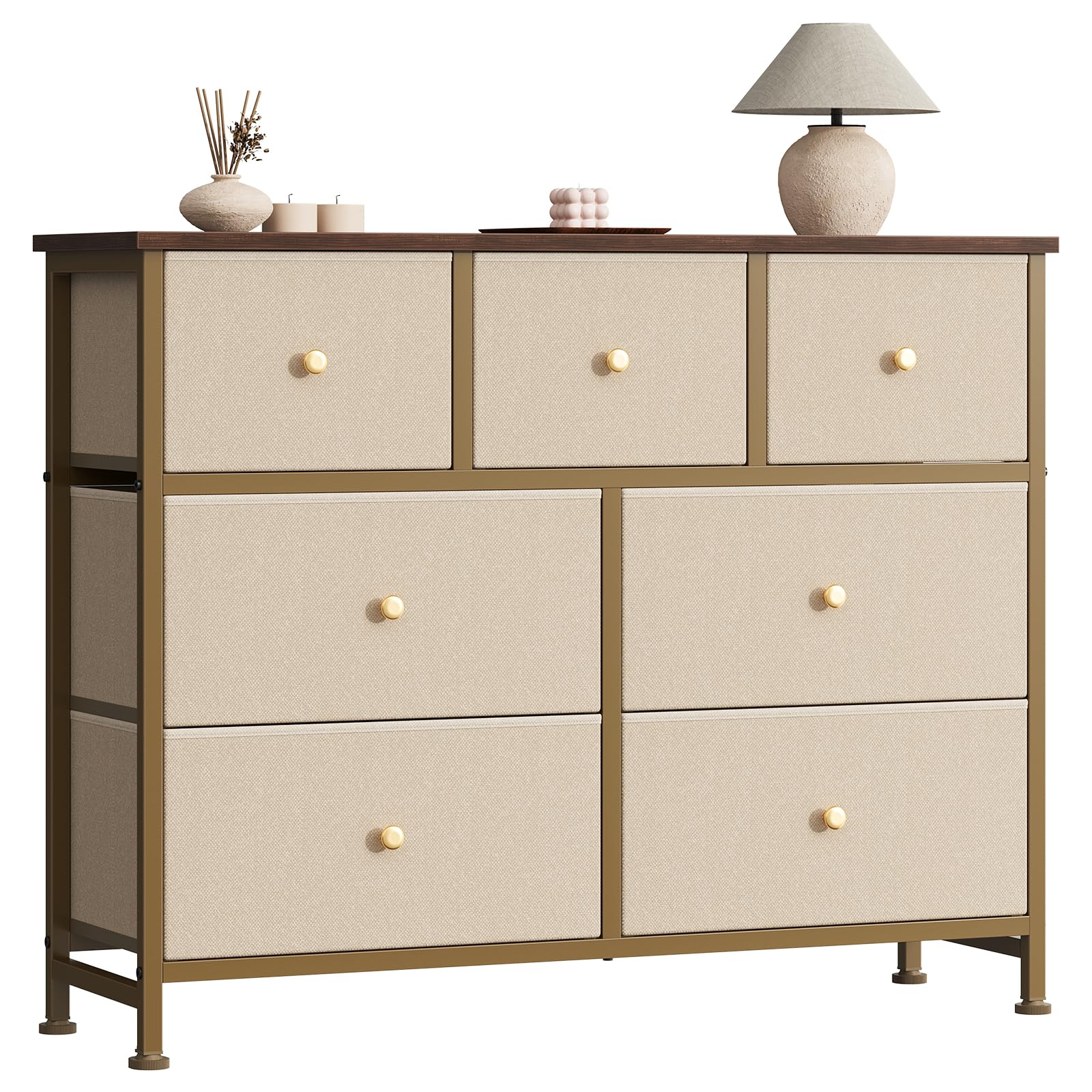 Telyra 7-Drawer Fabric Dresser TV Stand Organizer with Wood Top and Metal Frame Wide Storage Chest, Khaki