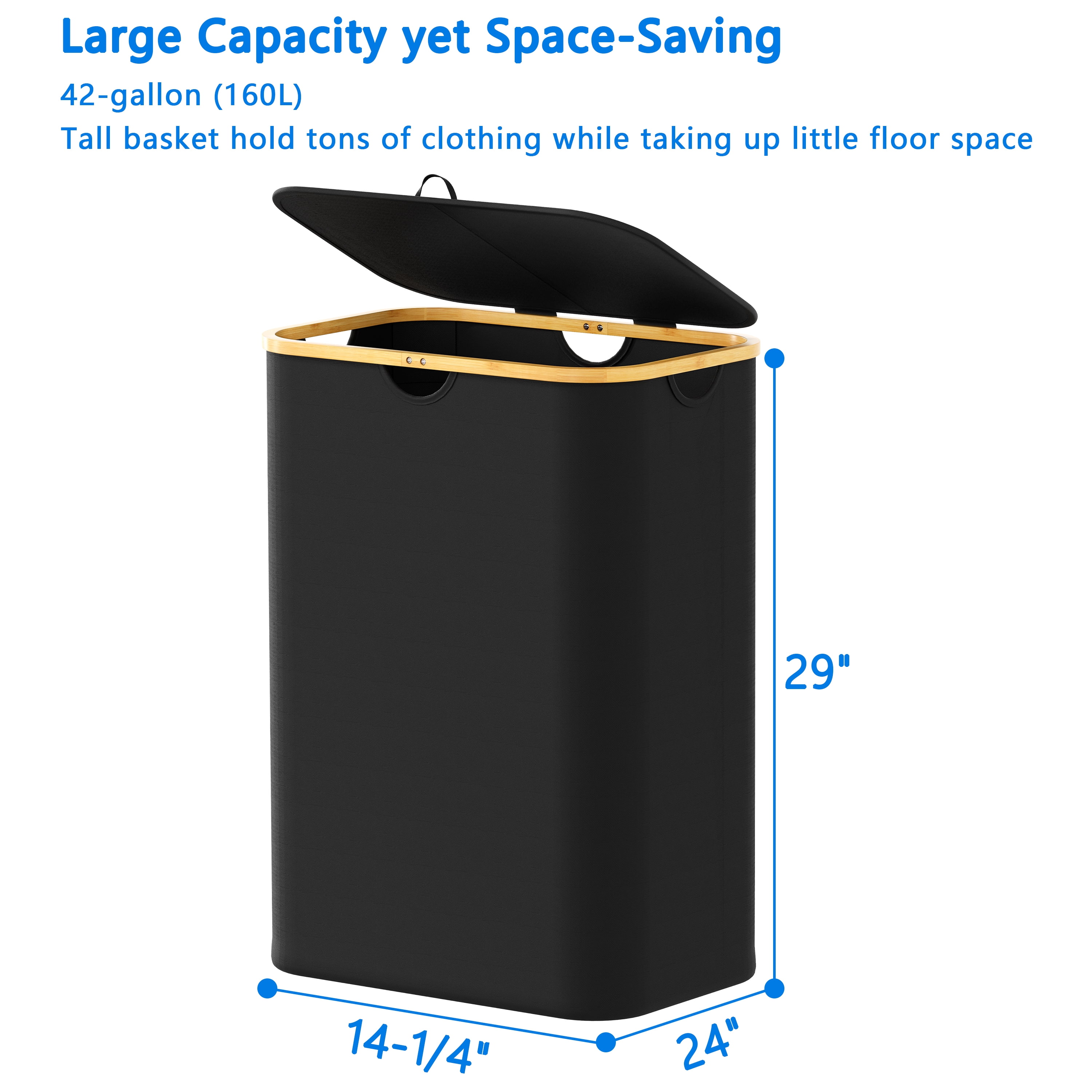 Tooloton Double Laundry Hamper 2 Section with Lid and Removable Bags, 160L Collapsible Clothes Basket with Bamboo Handles, Black, 1 Pack