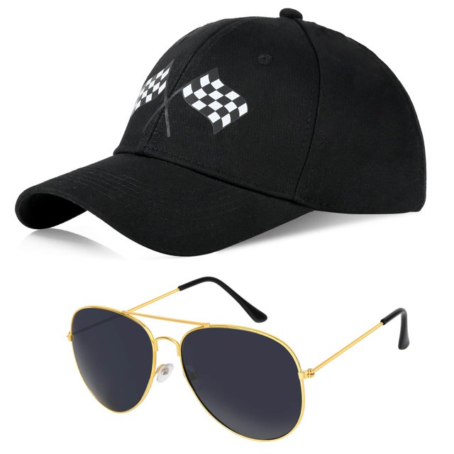 Gorra de béisbol de disfraz con gafas de sol y estampado de banderas a cuadros