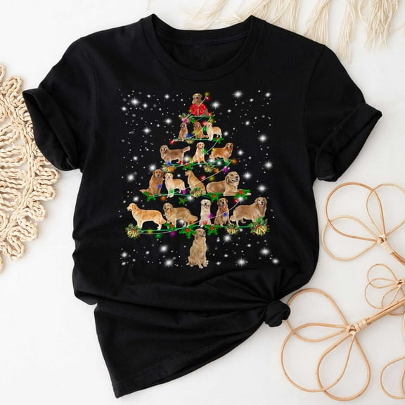 Golden Retriever Christmas Tree T-Shirt, Funny Dog Lover Gift, Golden Retriever Christmas Lights Shirts, Christmas Shirts for Women Men